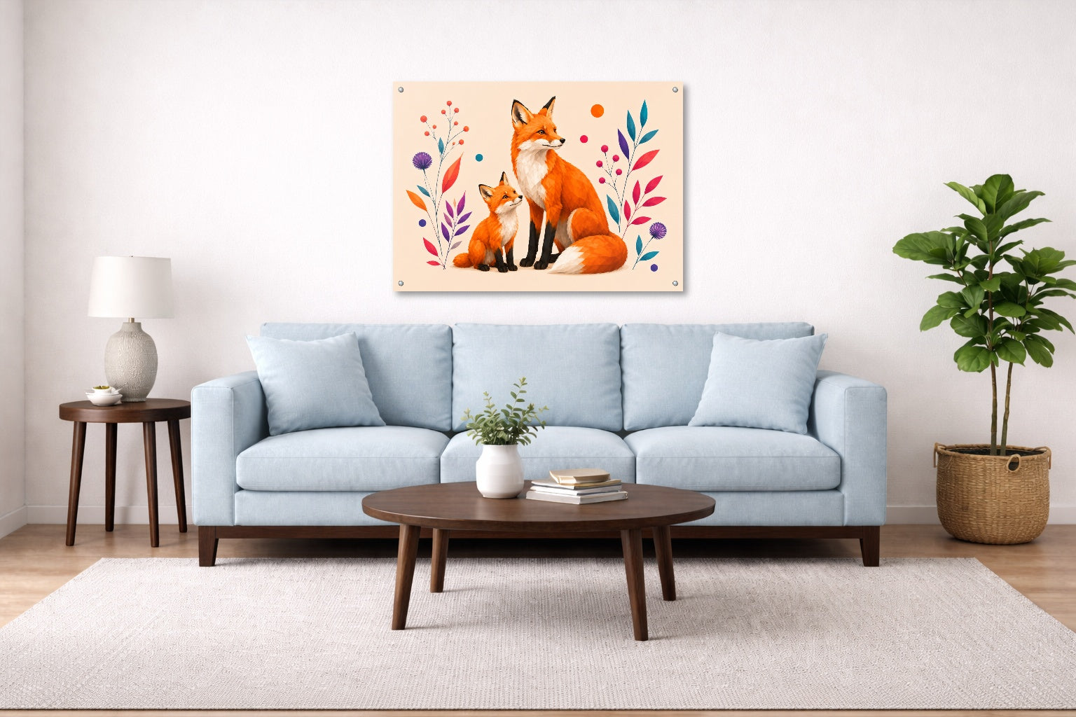 Fox with Baby - Geometric Painting printed on aluminum metal with wall anchors. Hung on a living room wall.