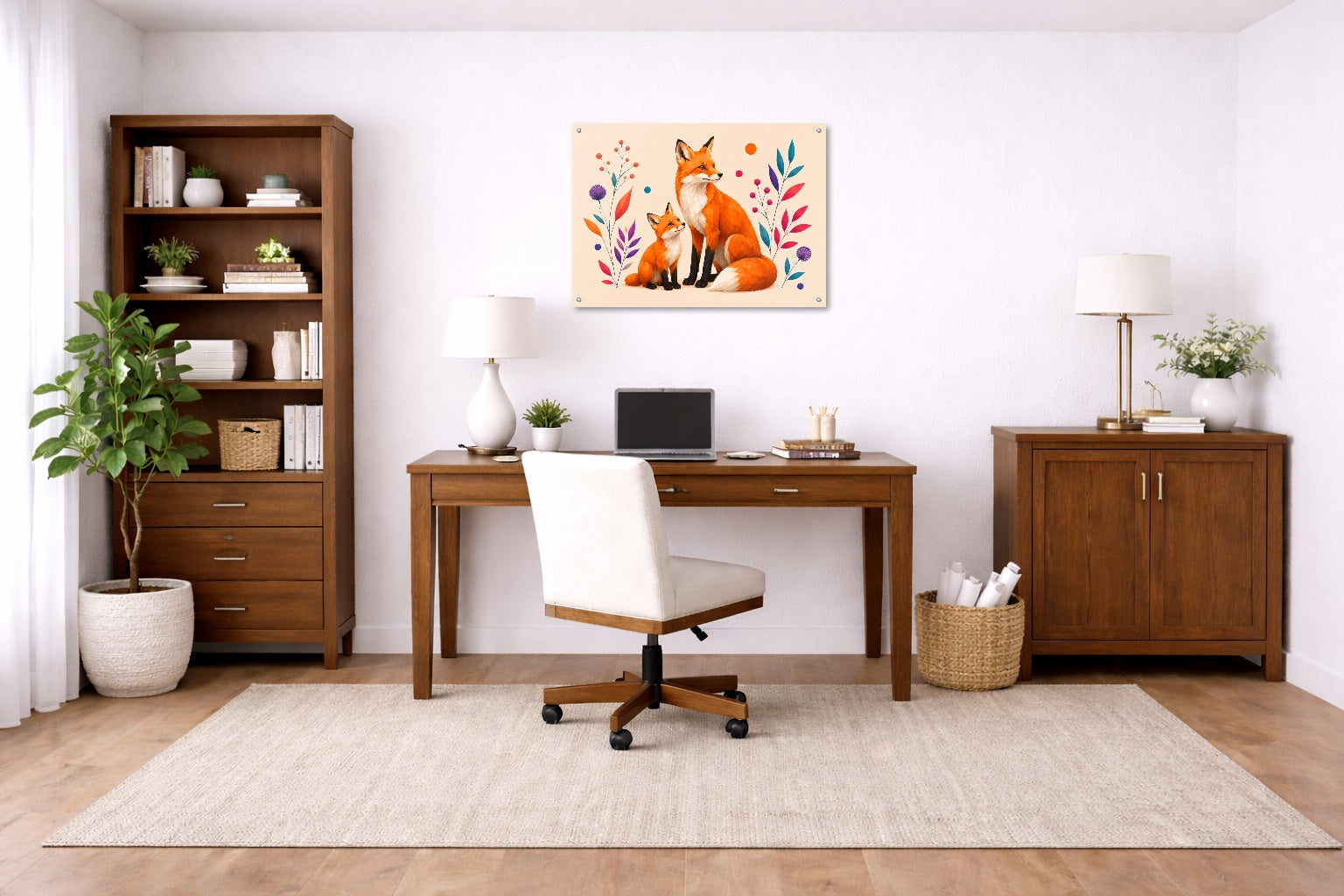 Fox with Baby - Geometric Painting printed on aluminum metal with wall anchors. Hung on a office wall.