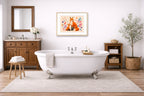Fox with Baby - Geometric Painting printed on fine art paper, framed on a oak frame and matted. Hung on a bathroom wall.