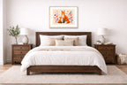 Fox with Baby - Geometric Painting printed on fine art paper, framed in a oak frame and matted. Hung on a bedroom wall.