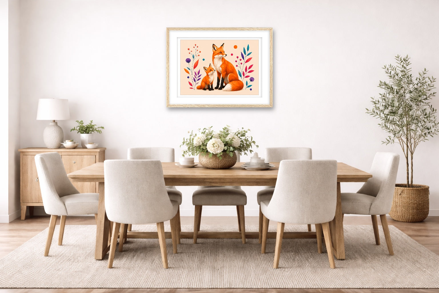 Fox with Baby - Geometric Painting printed on fine art paper, framed on a oak frame and matted. Hung on a dining room wall.