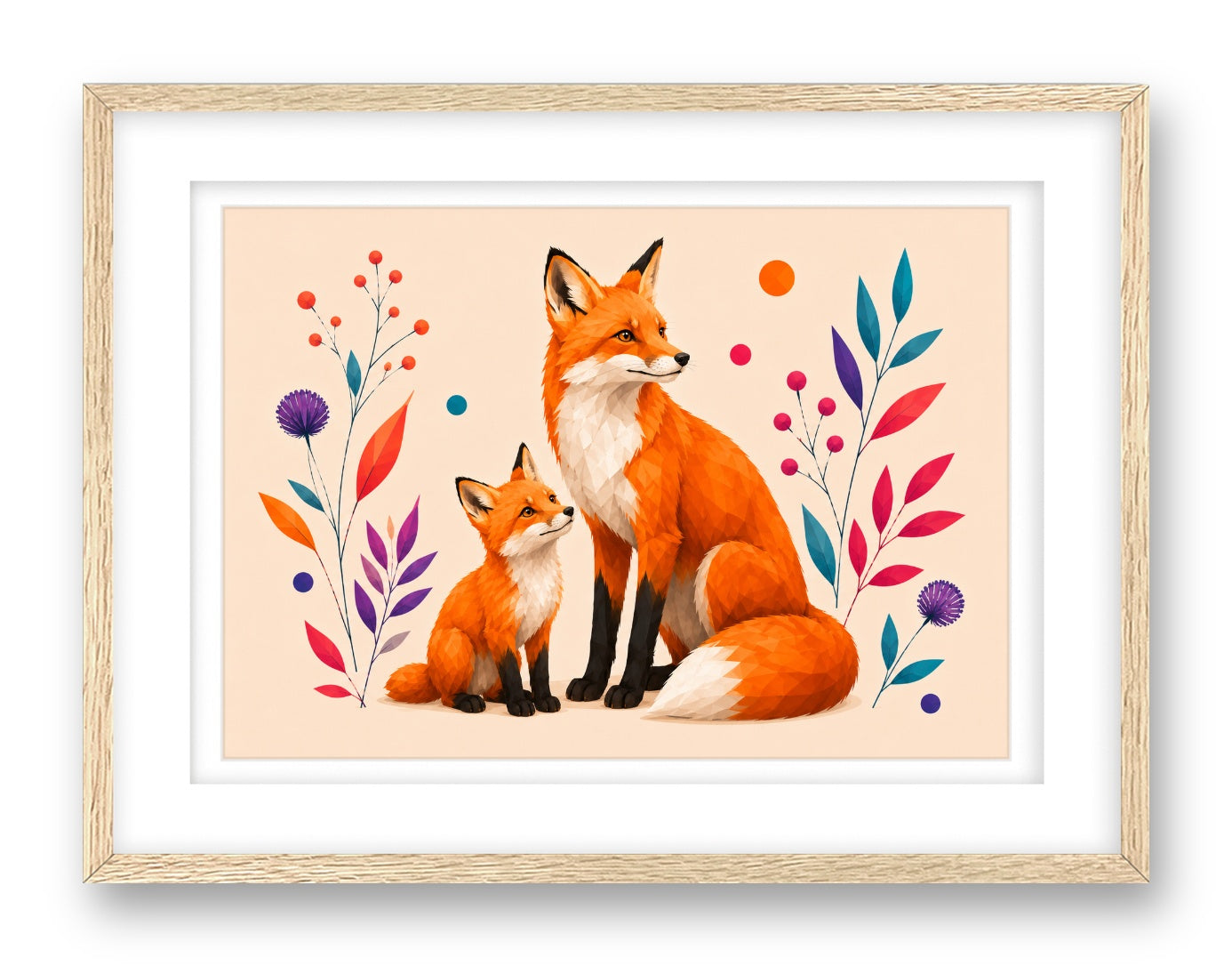 Fox with Baby printed on fine art paper, framed on a oak frame and matted.