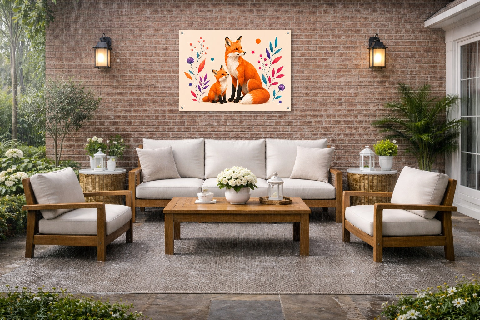 Fox with Baby - Geometric Painting printed on water resistant canvas and mounted on a waterproof frame. Hung on a patio wall.