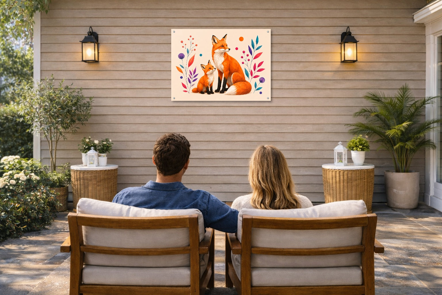 Fox with Baby - Geometric Painting printed on water resistant canvas and mounted on a waterproof frame. Hung on a patio wall with couple.