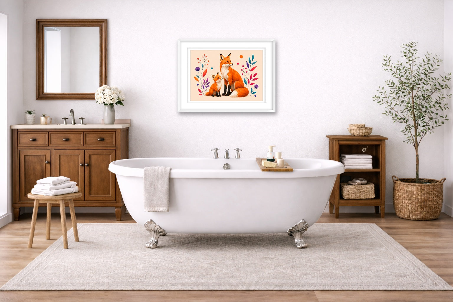 Fox with Baby - Geometric Painting printed on fine art paper, framed on a white frame and matted. Hung on a bathroom wall