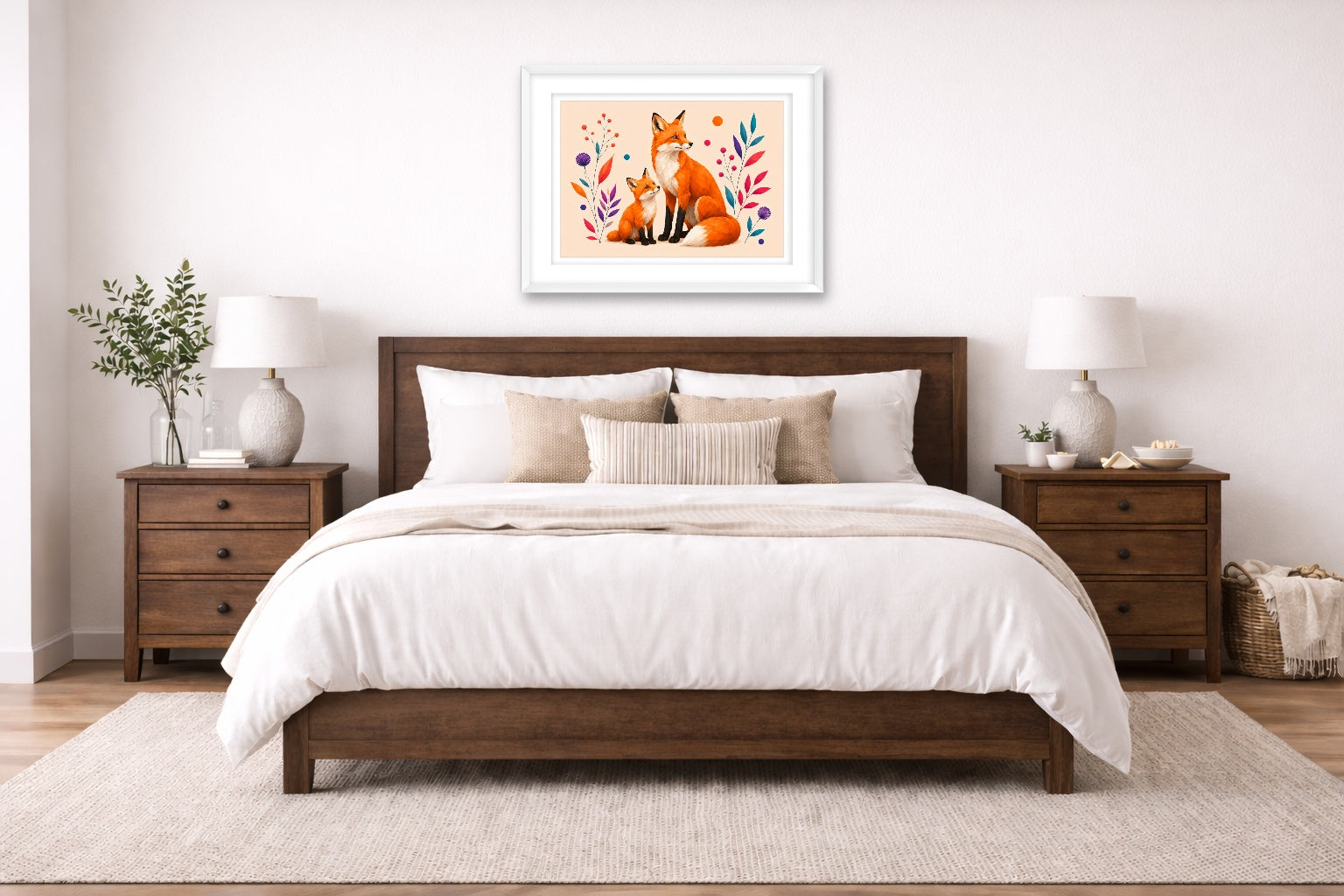 Fox with Baby - Geometric Painting printed on fine art paper, framed on a white frame and matted. Hung on a bedroom room wall