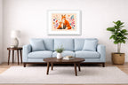 Fox with Baby - Geometric Painting printed on fine art paper, framed on a white frame and matted. Hung on a living room wall.