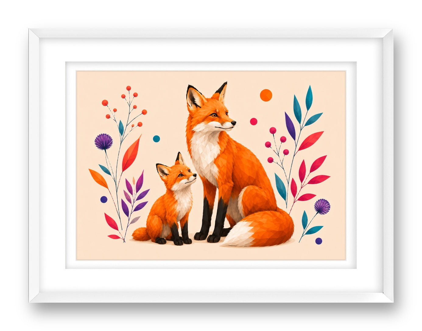 Fox with Baby printed on fine art paper, framed on a white frame and matted.