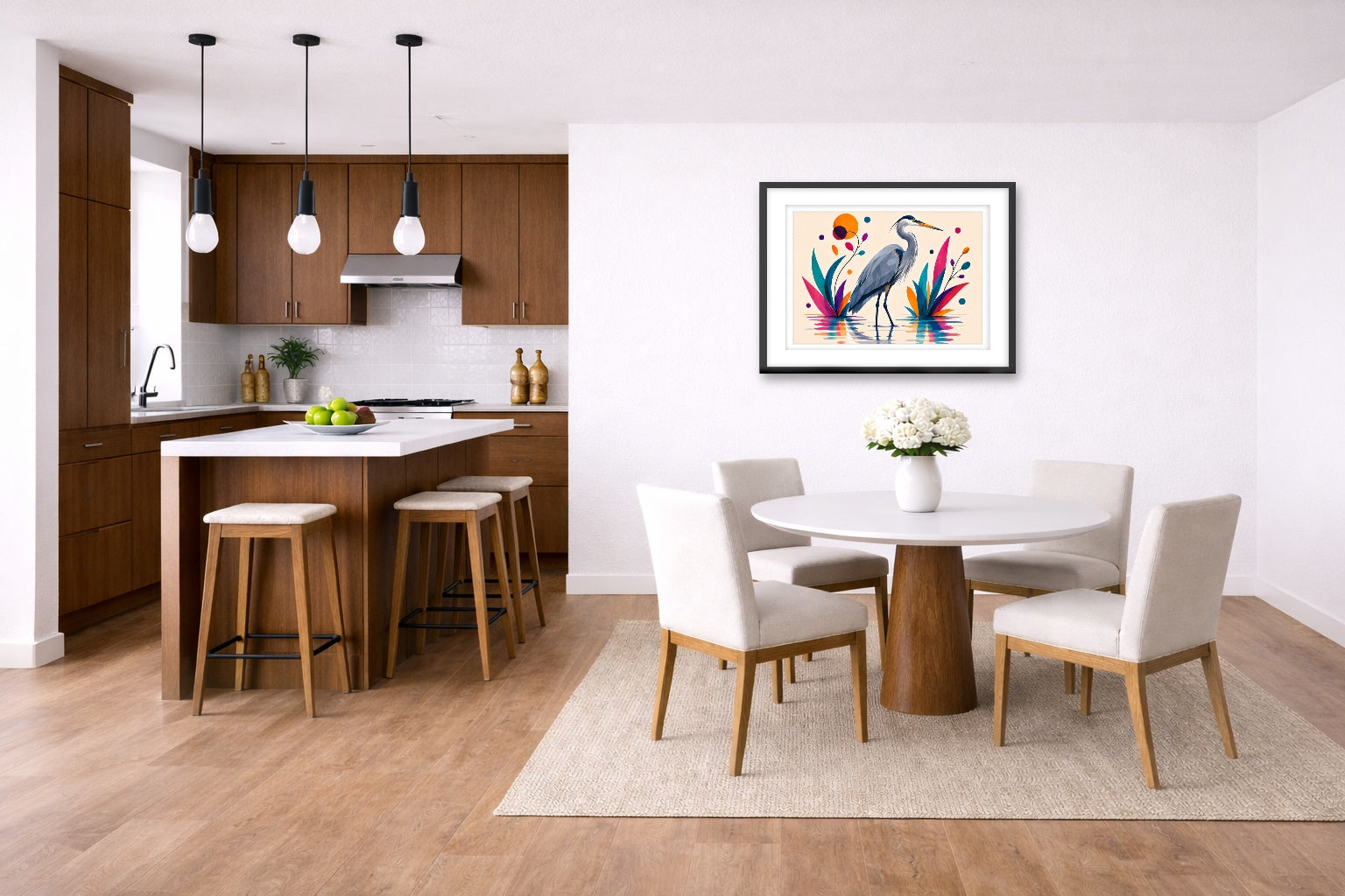 Great Blue Heron - Geometric Painting printed on fine art paper, framed on a black frame and matted and hung on a wall on a dinette wall.