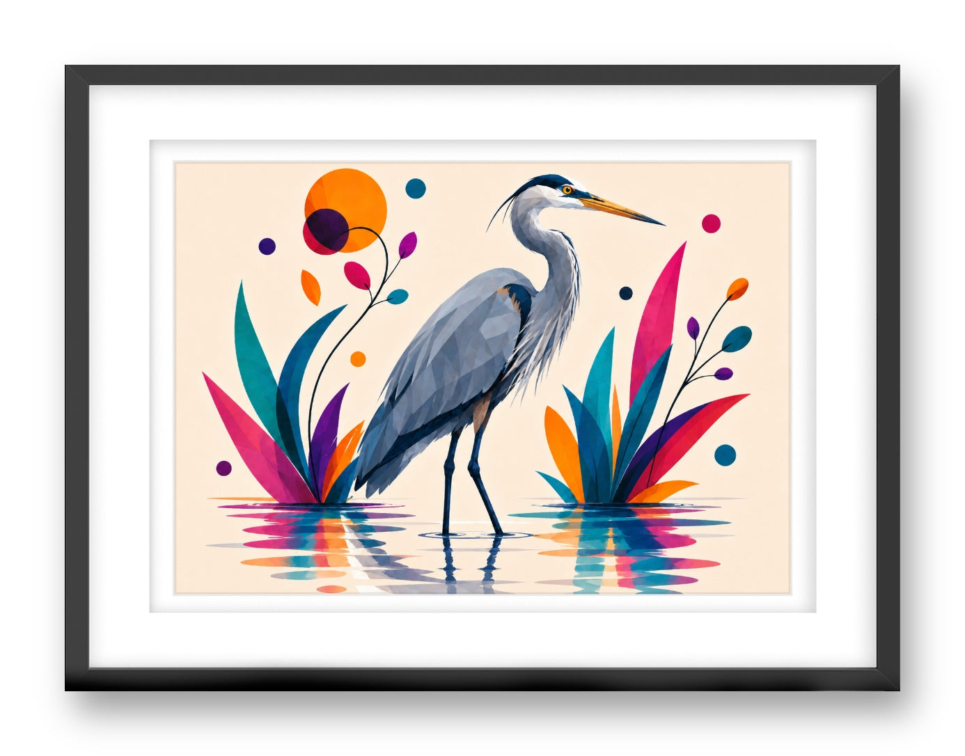 Great Blue Heron printed on fine art paper, framed on a black frame and matted.