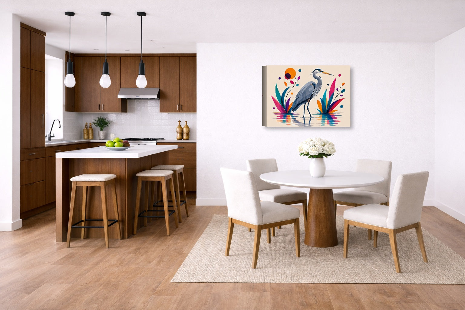 Great Blue Heron - Geometric Painting printed on canvas wall art displayed on a wall in a dinette.