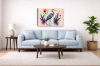 Great Blue Heron - Geometric Painting printed on canvas wall art displayed above a couch in a living room