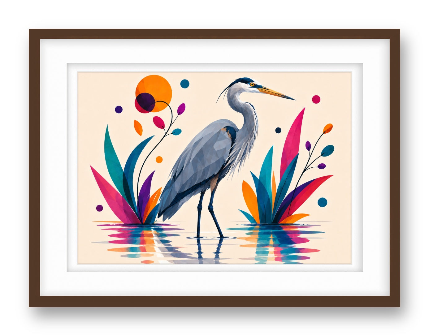 Great Blue Heron printed on fine art paper, framed on a espresso frame and matted.