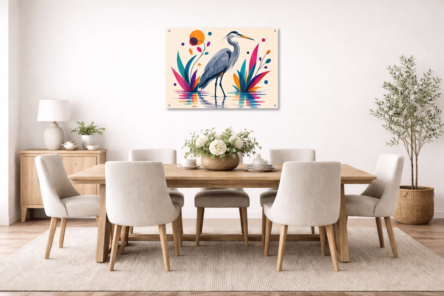 Great Blue Heron - Geometric Painting printed on aluminum metal with wall anchors. Hung on a dining room wall.