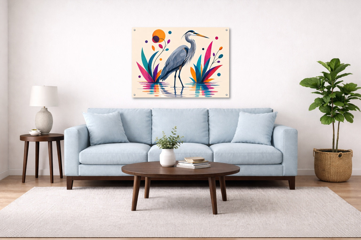 Great Blue Heron - Geometric Painting printed on aluminum metal with wall anchors. Hung on a living room wall.