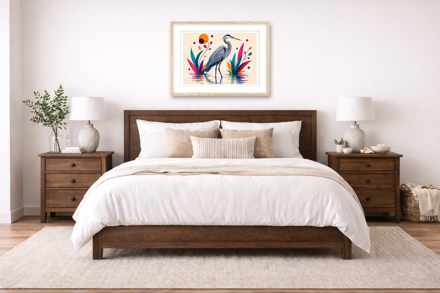 Great Blue Heron - Geometric Painting printed on fine art paper, framed in a oak frame and matted. Hung on a bedroom wall.
