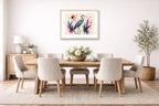 Great Blue Heron - Geometric Painting printed on fine art paper, framed on a oak frame and matted. Hung on a dining room wall.