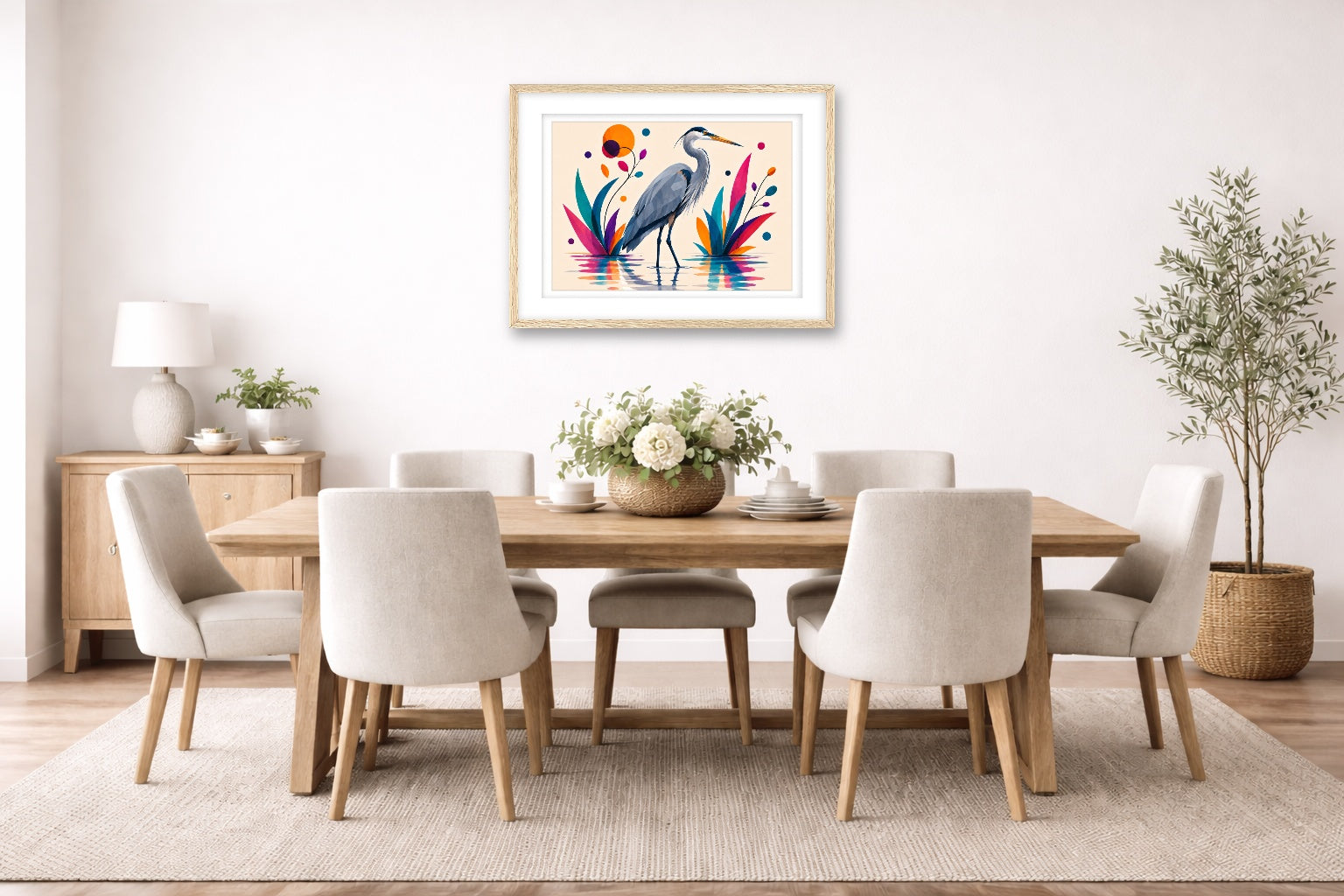 Great Blue Heron - Geometric Painting printed on fine art paper, framed on a oak frame and matted. Hung on a dining room wall.