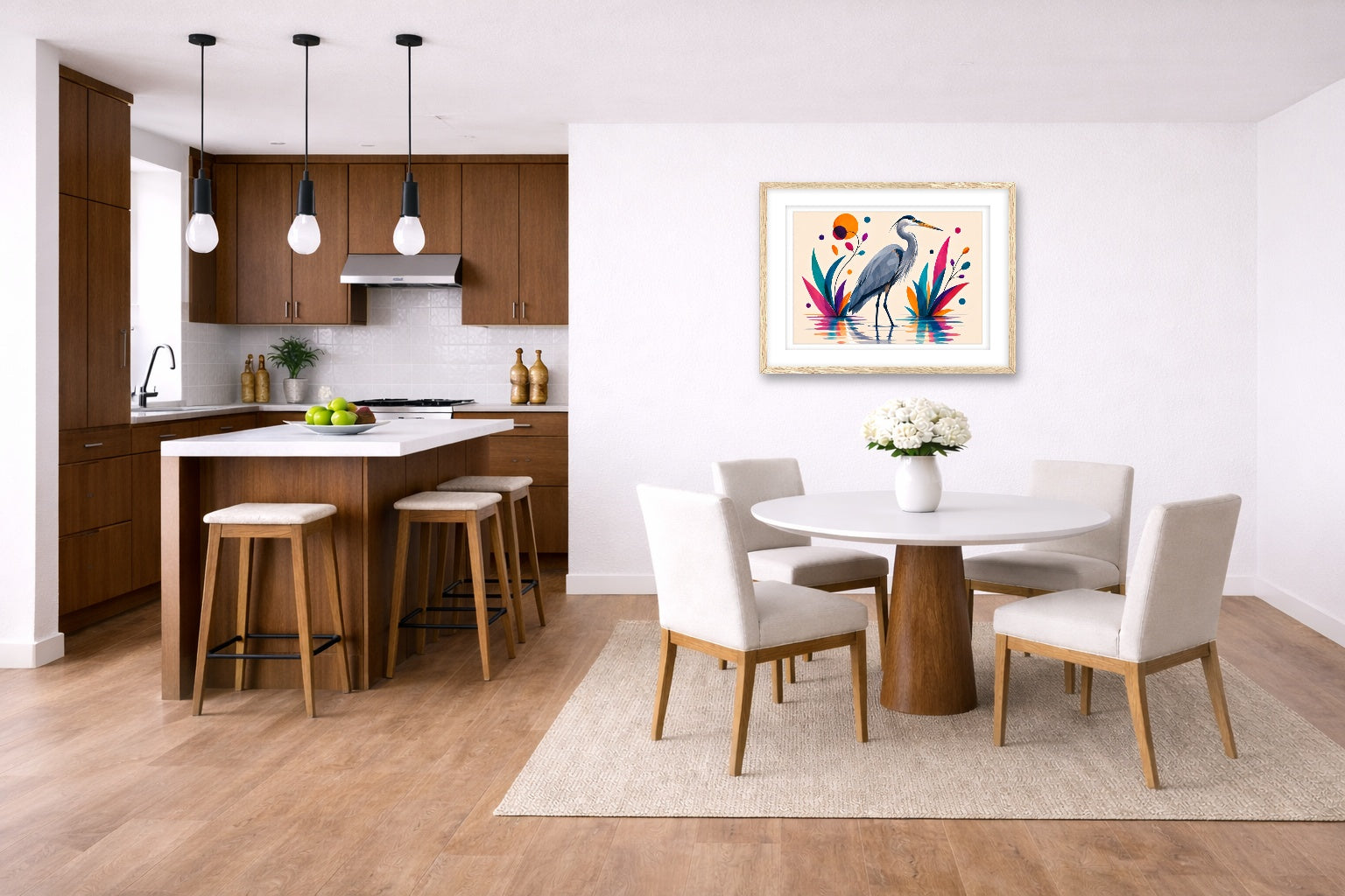 Great Blue Heron - Geometric Painting printed on fine art paper, framed on a oak frame and matted. Hung on a kitchen-dinette wall.