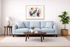 Great Blue Heron - Geometric Painting printed on fine art paper, framed on a oak frame and matted. Hung on a living room wall.