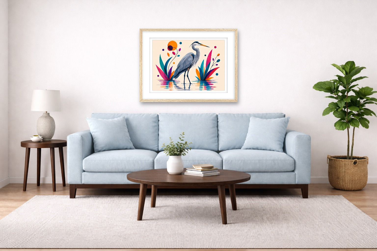 Great Blue Heron - Geometric Painting printed on fine art paper, framed on a oak frame and matted. Hung on a living room wall.