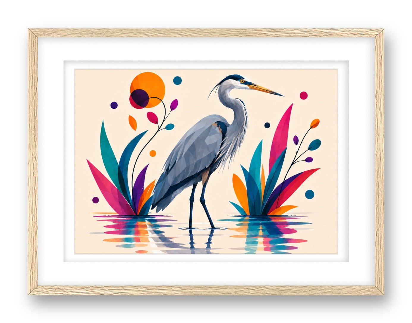 Great Blue Heron printed on fine art paper, framed on a oak frame and matted.