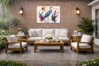 Great Blue Heron - Geometric Painting printed on water resistant canvas and mounted on a waterproof frame. Hung on a patio wall.