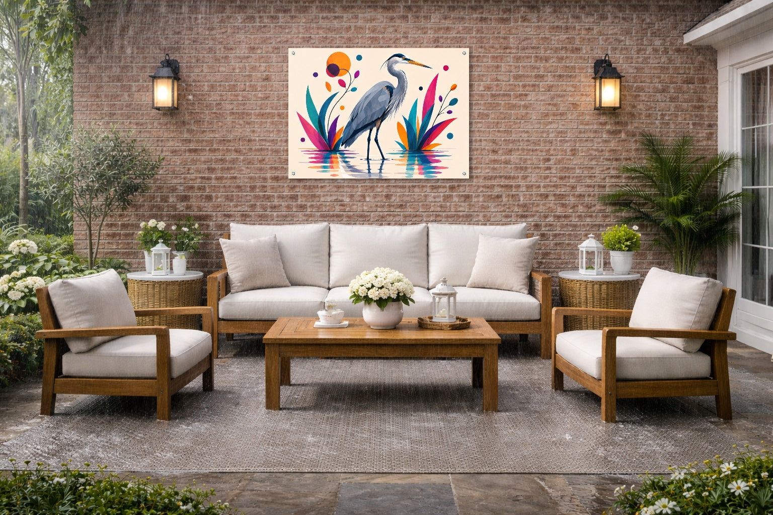 Great Blue Heron - Geometric Painting printed on water resistant canvas and mounted on a waterproof frame. Hung on a patio wall.