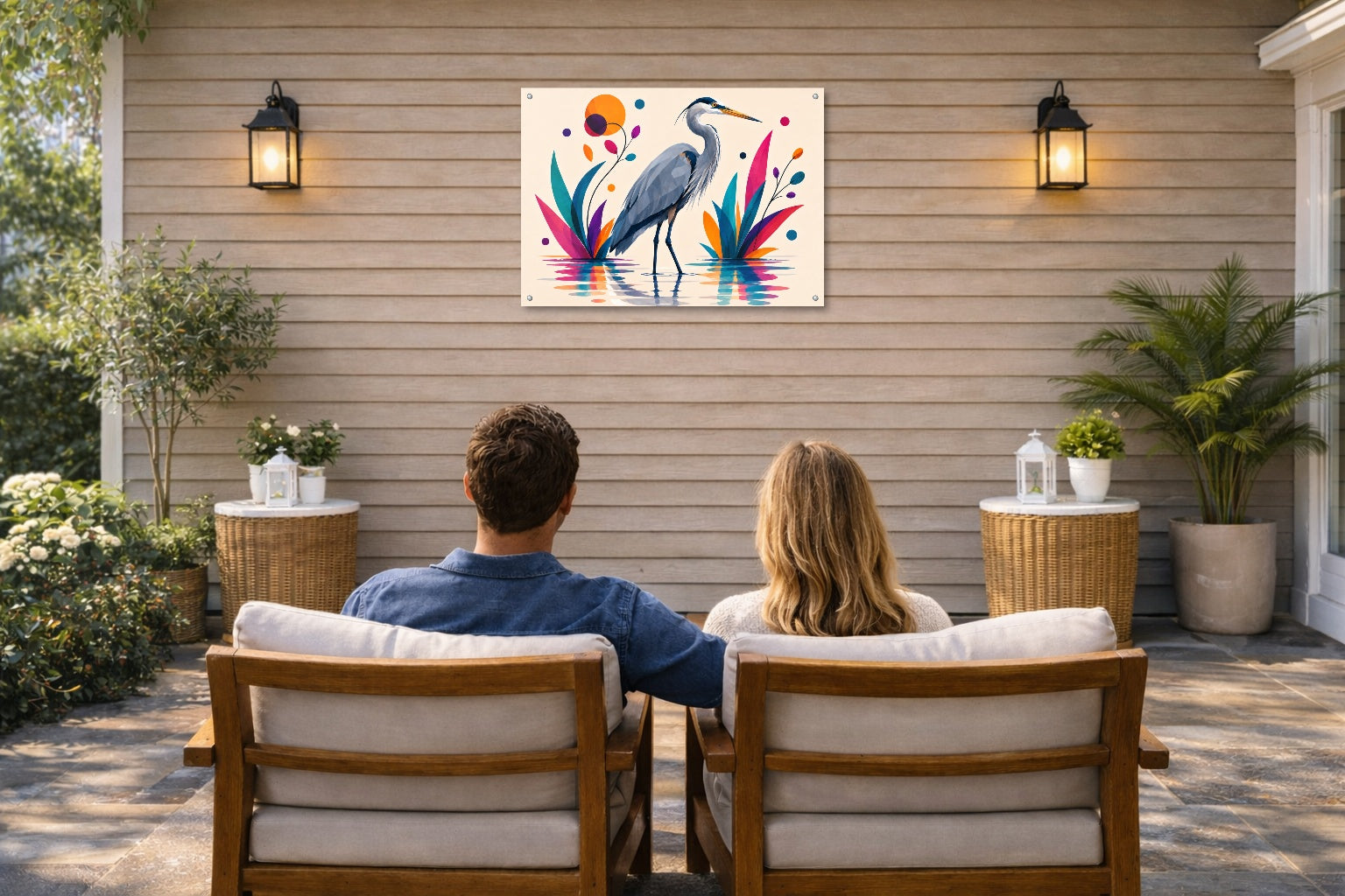 Great Blue Heron - Geometric Painting printed on water resistant canvas and mounted on a waterproof frame. Hung on a patio wall with couple.