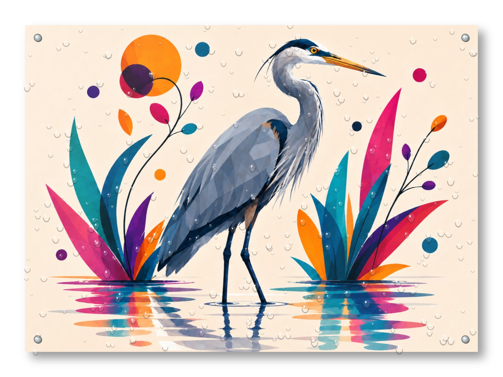 Great Blue Heron - Geometric Painting printed on water resistant canvas and mounted on a waterproof frame.
