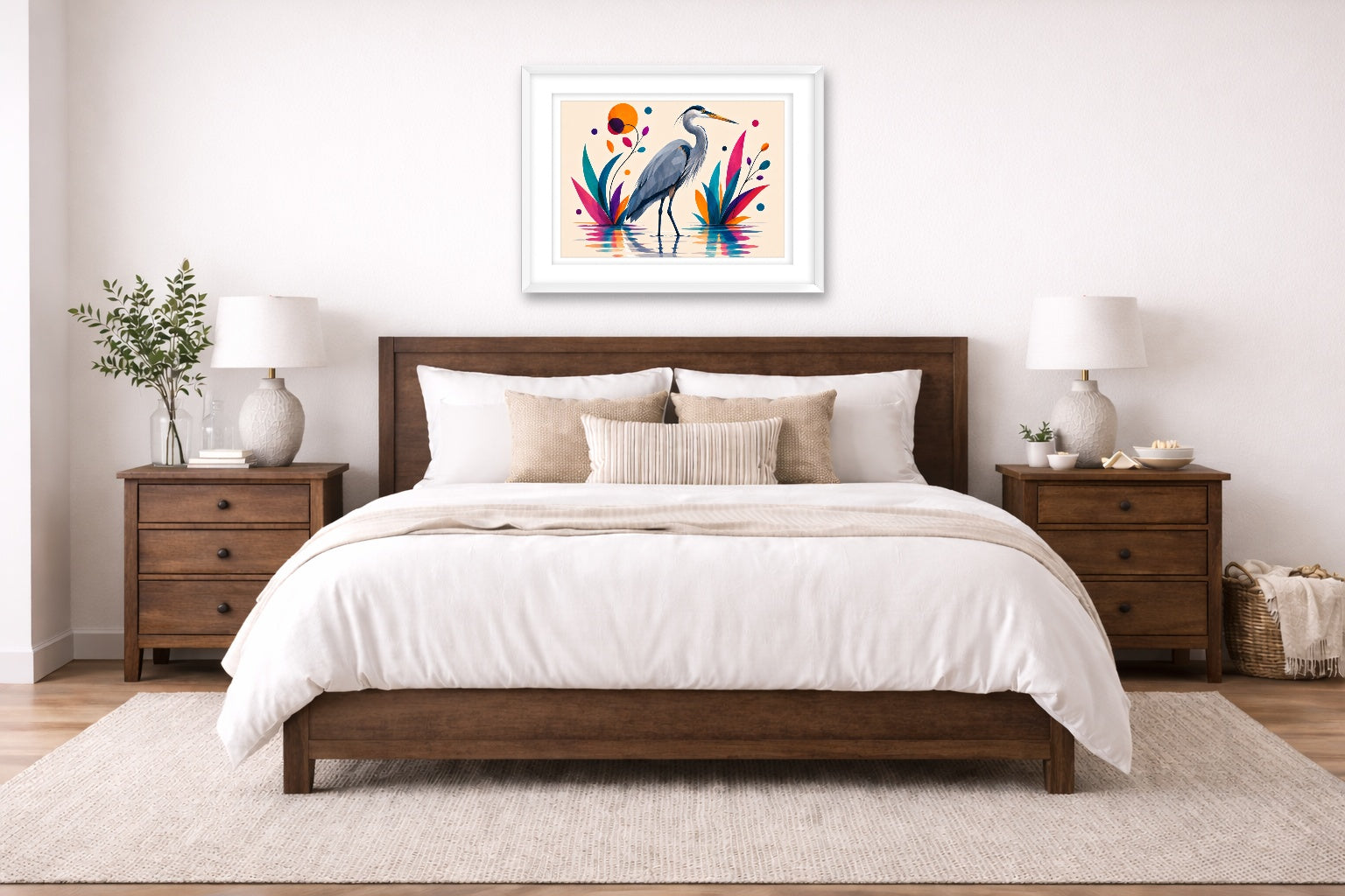 Great Blue Heron - Geometric Painting printed on fine art paper, framed on a white frame and matted. Hung on a bedroom room wall