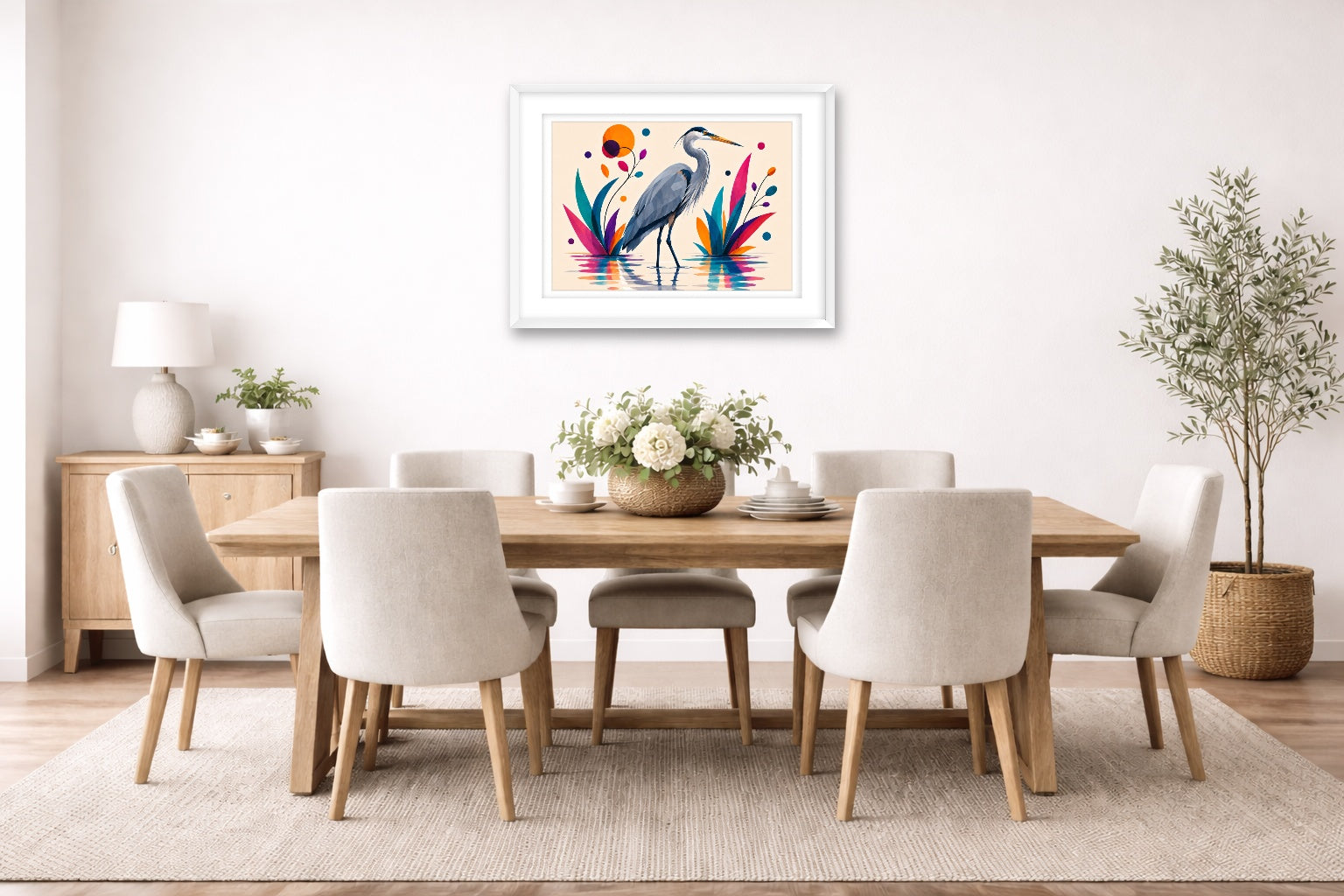 Great Blue Heron - Geometric Painting printed on fine art paper, framed on a white frame and matted. Hung on a dining room wall.