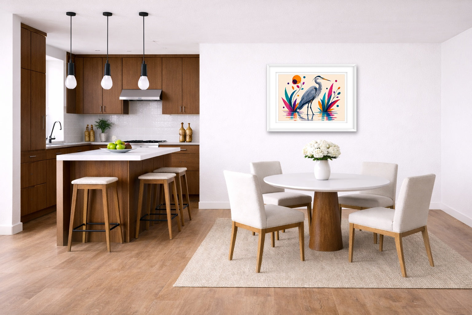 Great Blue Heron - Geometric Painting printed on fine art paper, framed on a white frame and matted. Hung on a kitchen-dinette wall.