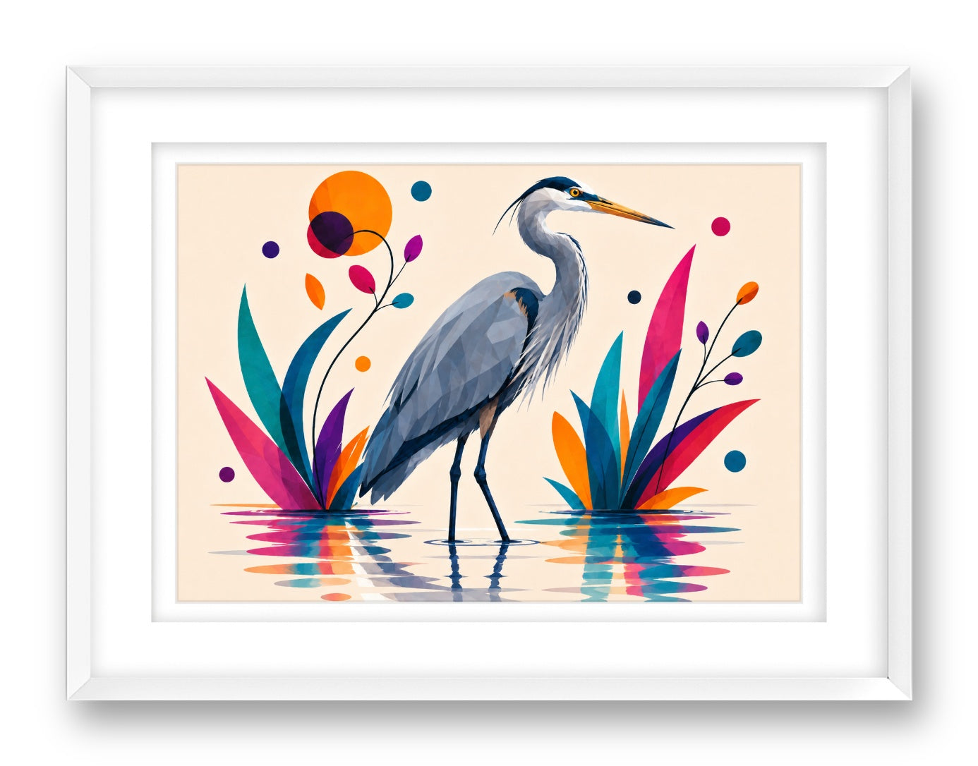 Great Blue Heron printed on fine art paper, framed on a white frame and matted.