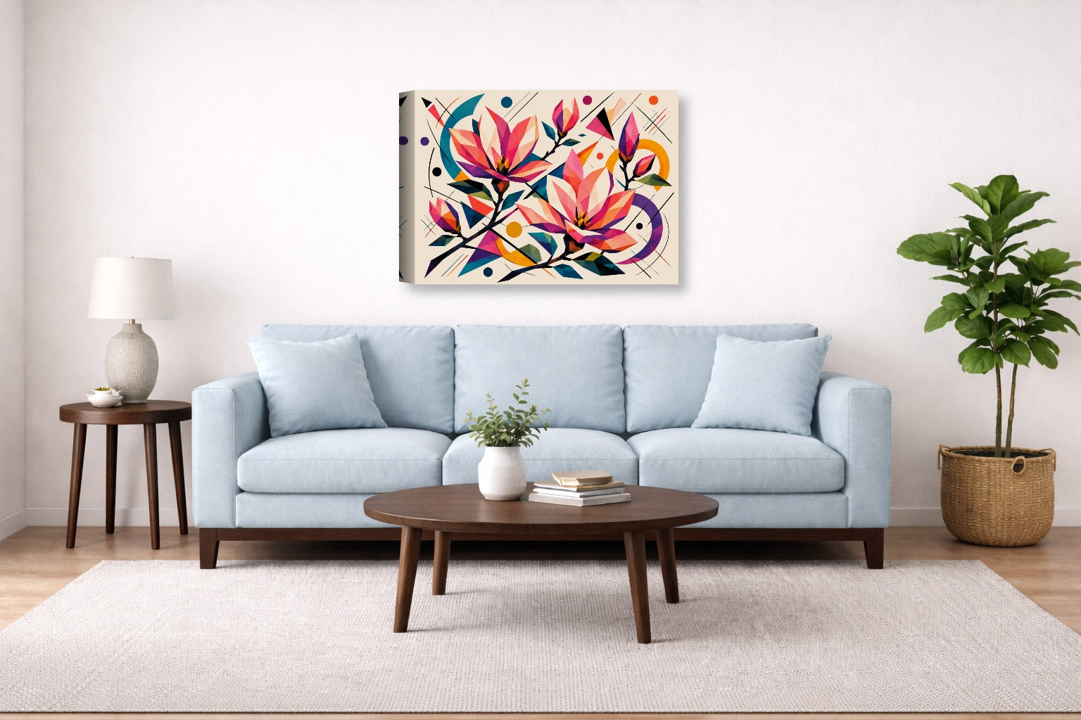 Magnolia Leaves - Geometric Painting printed on canvas wall art displayed above a couch in a living room