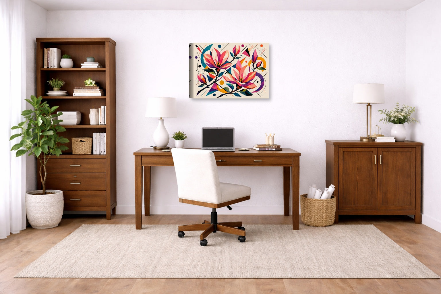 Magnolia Leaves - Geometric Painting printed on canvas wall art displayed on a wall in a a home office.