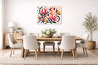 Magnolia Leaves - Geometric Painting printed on aluminum metal with wall anchors. Hung on a dining room wall.