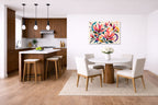 Magnolia Leaves - Geometric Painting printed on aluminum metal with wall anchors. Hung on a kitchen-dinette wall.