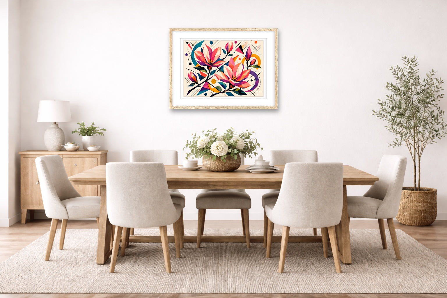 Magnolia Leaves - Geometric Painting printed on fine art paper, framed on a oak frame and matted. Hung on a dining room wall.