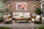 Magnolia Leaves - Geometric Painting printed on water resistant canvas and mounted on a waterproof frame. Hung on a patio wall.