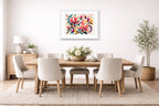 Magnolia Leaves - Geometric Painting printed on fine art paper, framed on a white frame and matted. Hung on a dining room wall.