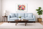 Magnolia Leaves - Geometric Painting printed on fine art paper, framed on a white frame and matted. Hung on a living room wall.