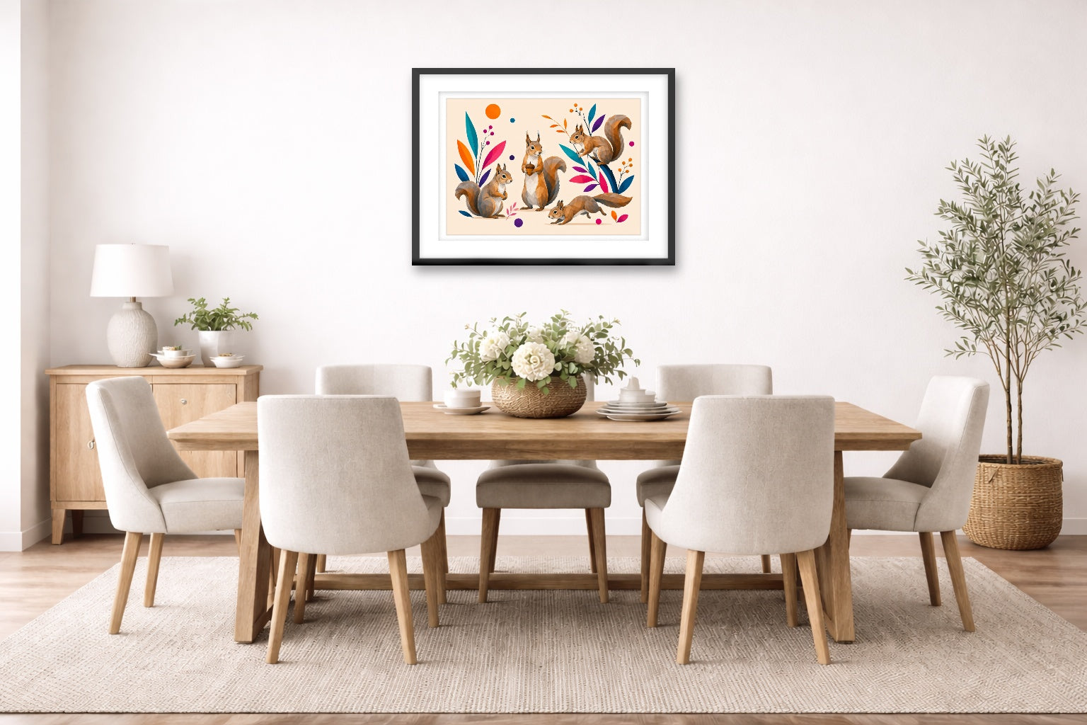 Squirrels at Play - Geometric Painting printed on fine art paper, framed on a black frame and matted and hung on a dining room wall.