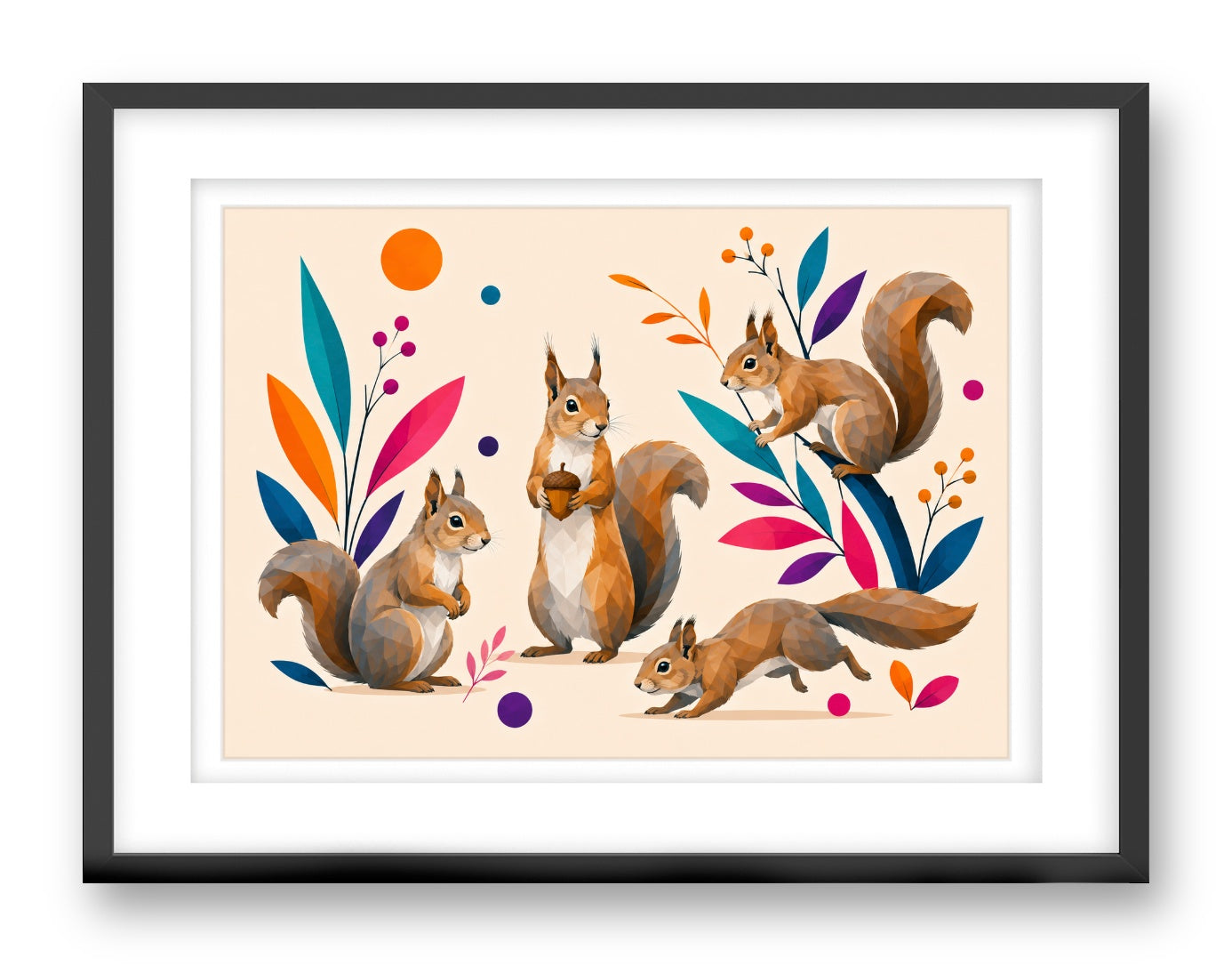 Squirrels at Play printed on fine art paper, framed on a black frame and matted.