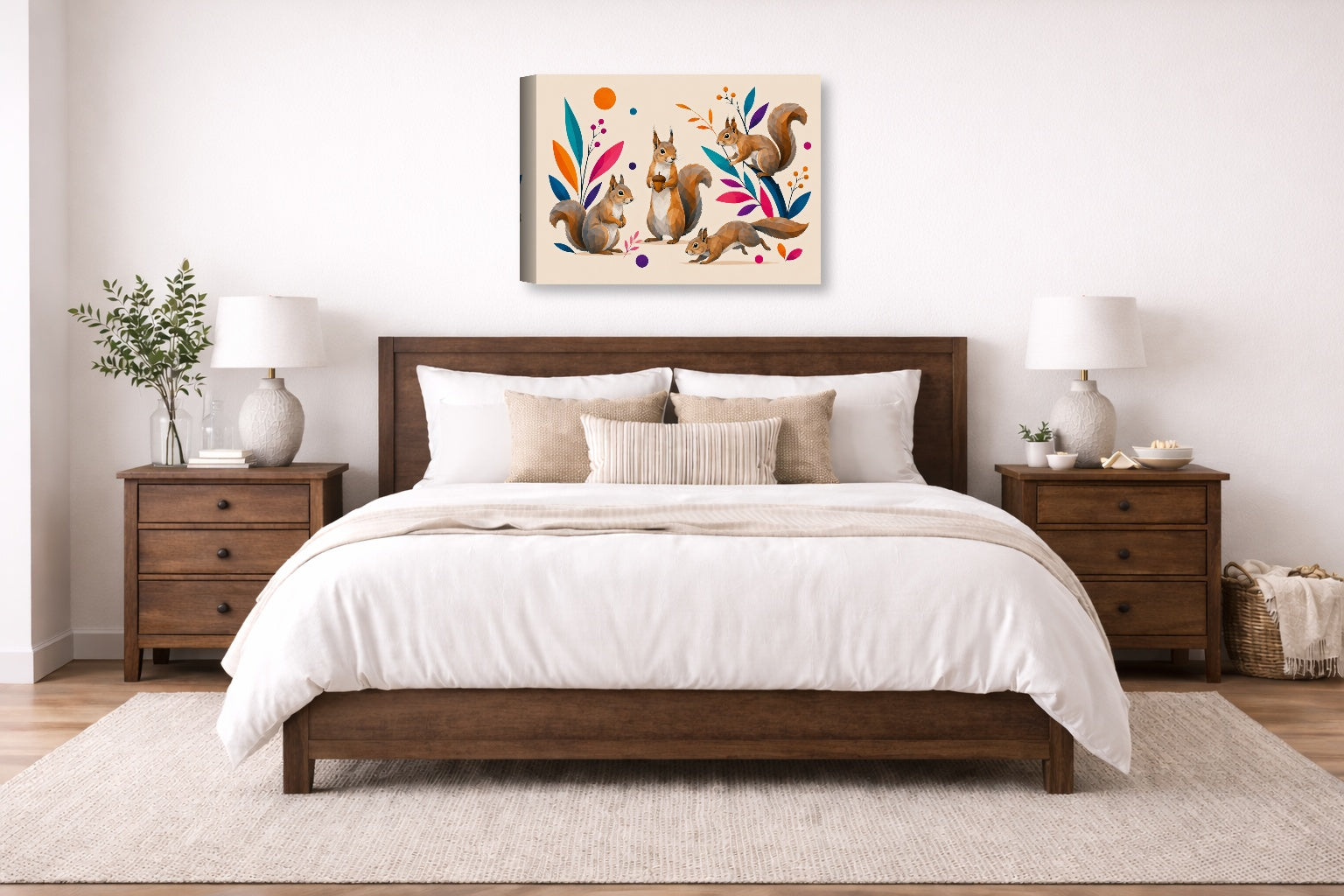 Squirrels at Play - Geometric Painting printed on canvas wall art displayed on a wall above a bed.