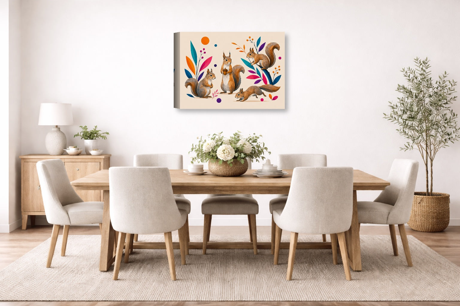 Squirrels at Play - Geometric Painting printed on canvas wall art displayed on a wall in the dinning room