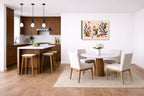 Squirrels at Play - Geometric Painting printed on canvas wall art displayed on a wall in a dinette.