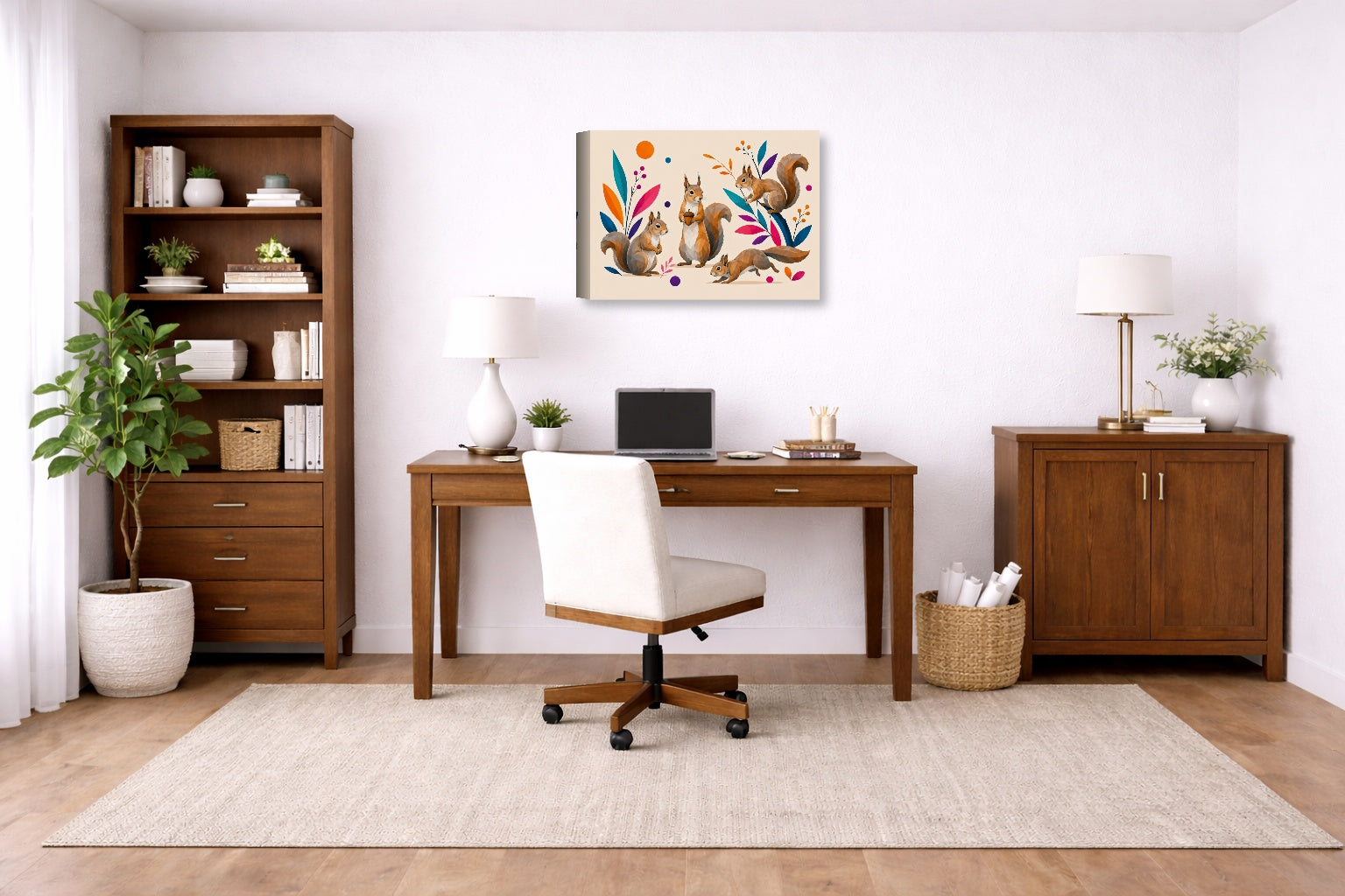 Squirrels at Play - Geometric Painting printed on canvas wall art displayed on a wall in a a home office.