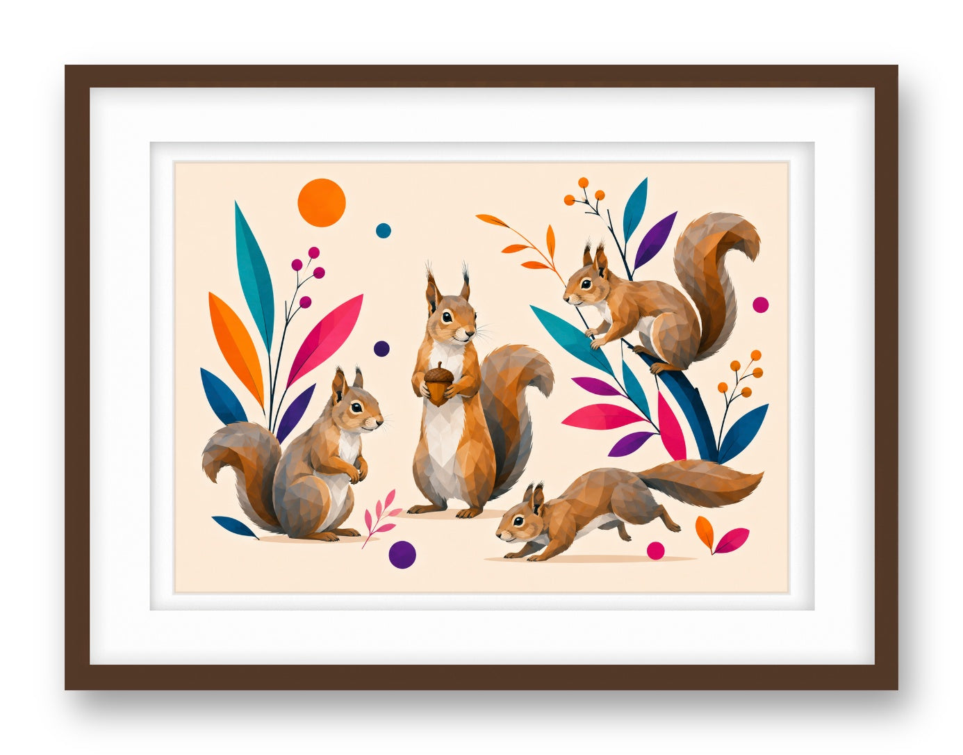 Squirrels at Play printed on fine art paper, framed on a espresso frame and matted.