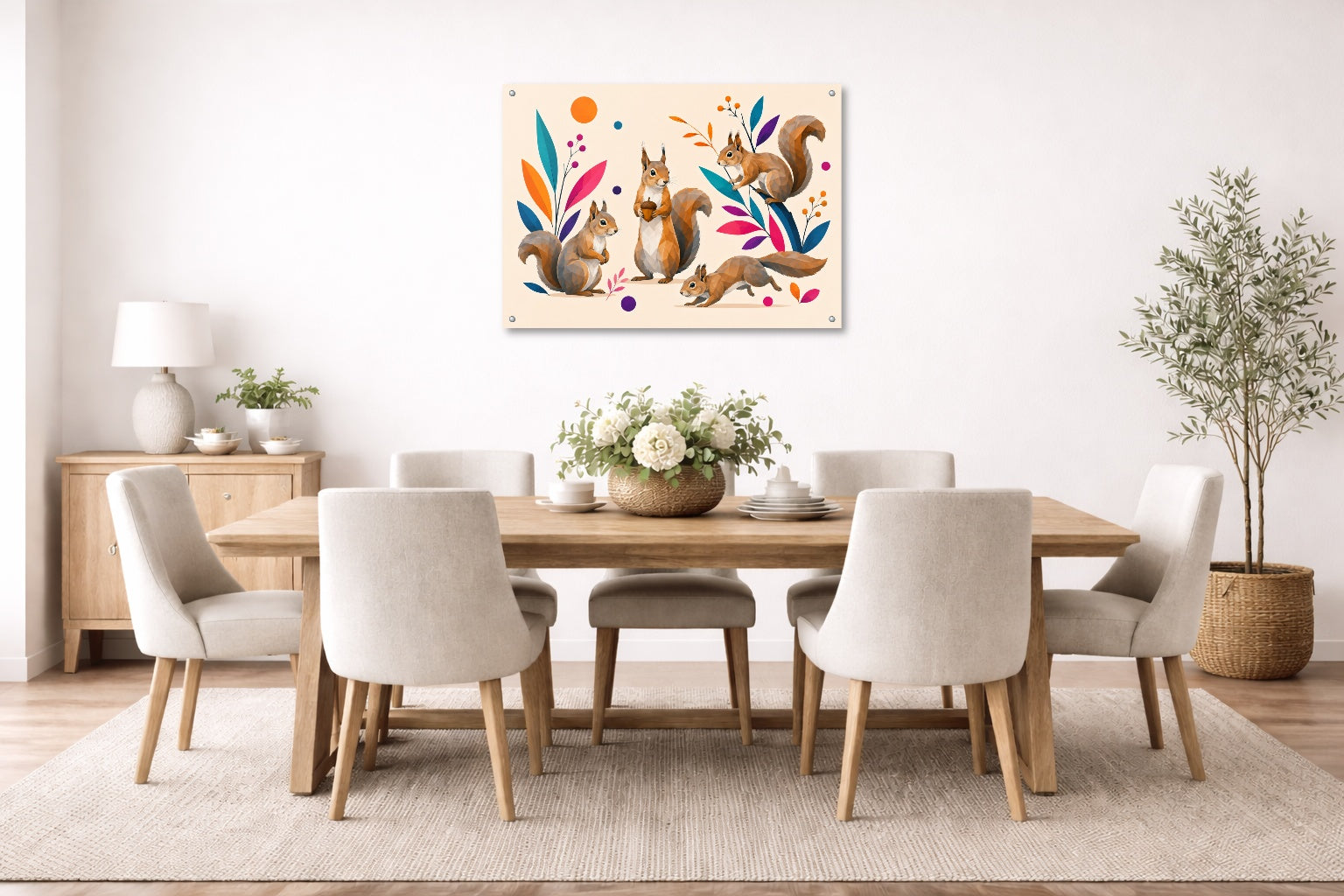 Squirrels at Play - Geometric Painting printed on aluminum metal with wall anchors. Hung on a dining room wall.